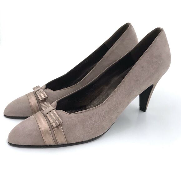 Bally Italy Suede Pumps Taupe Rose Gold Slip On Heels Bow Womens Size 8N - Picture 1 of 11